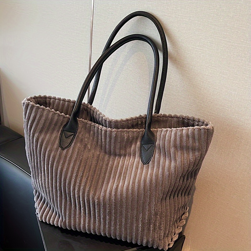 Image of Women's Corduroy Tote Bag Large Capacity Elegant Handbag With Fixed Shoulder Strap & Zipper Closure, Soft Corduroy Hand Carry Purse For, Shopping, Travel - /grey//, Striped &, Hand Or