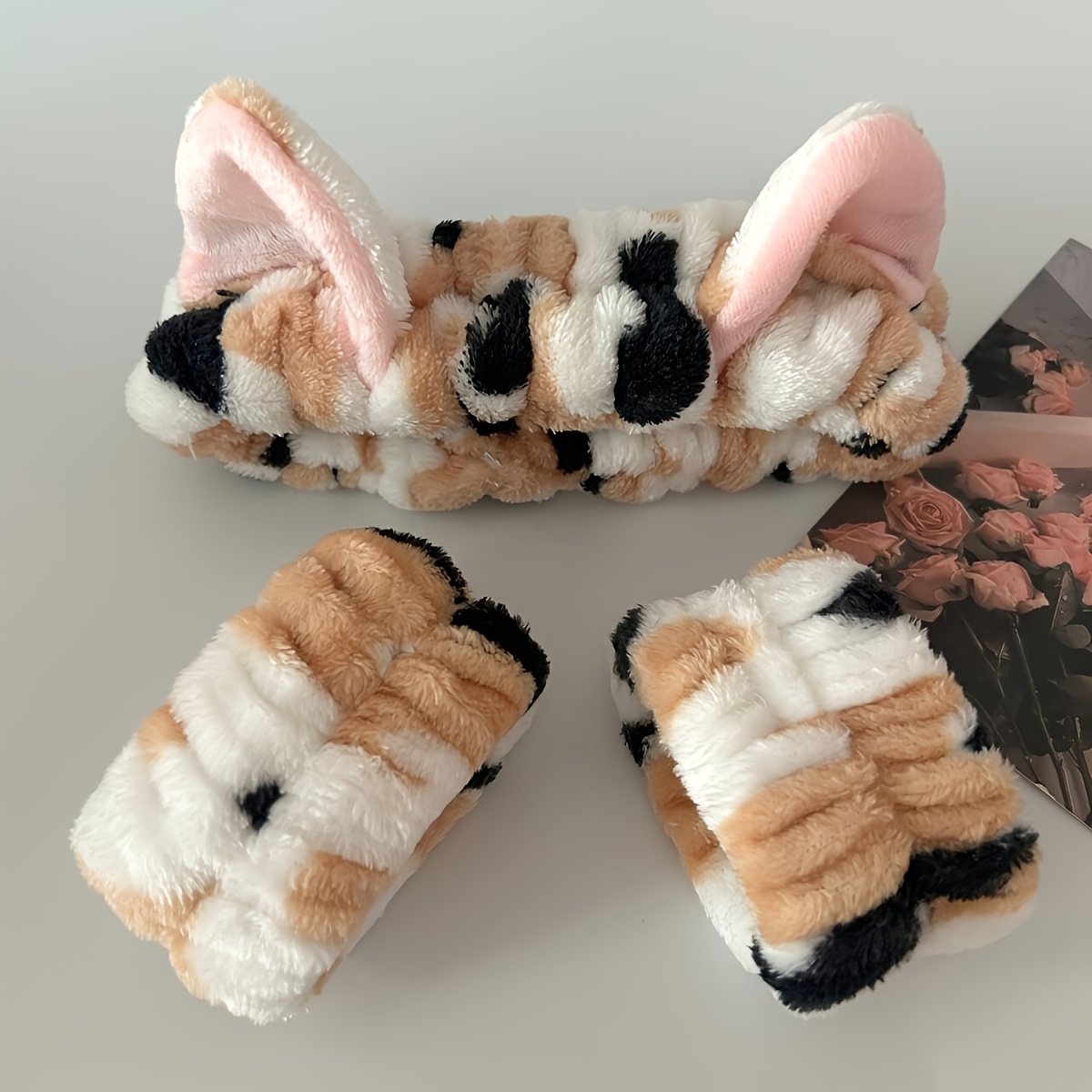 TEMU 3pcs Cute Cat Ear Plush Headband For Girls, Spa Headband, Soft, Absorbent And Wrist Strap