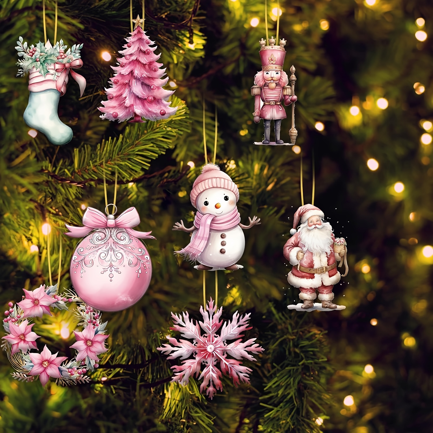 

24-piece Pink Christmas Wooden Ornament Set - Vintage Style Snowman, Santa Claus & Reindeer Hanging Decorations, Fairy Themed Decor For Christmas, No Power Needed