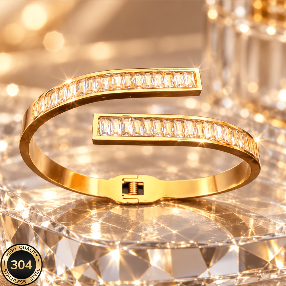 TEMU 18k Golden Plated Golden-plated High-quality 304 Stainless Steel Fashionable And Minimalist Open Bangle Bracelet, Unisex, For Birthday Parties,