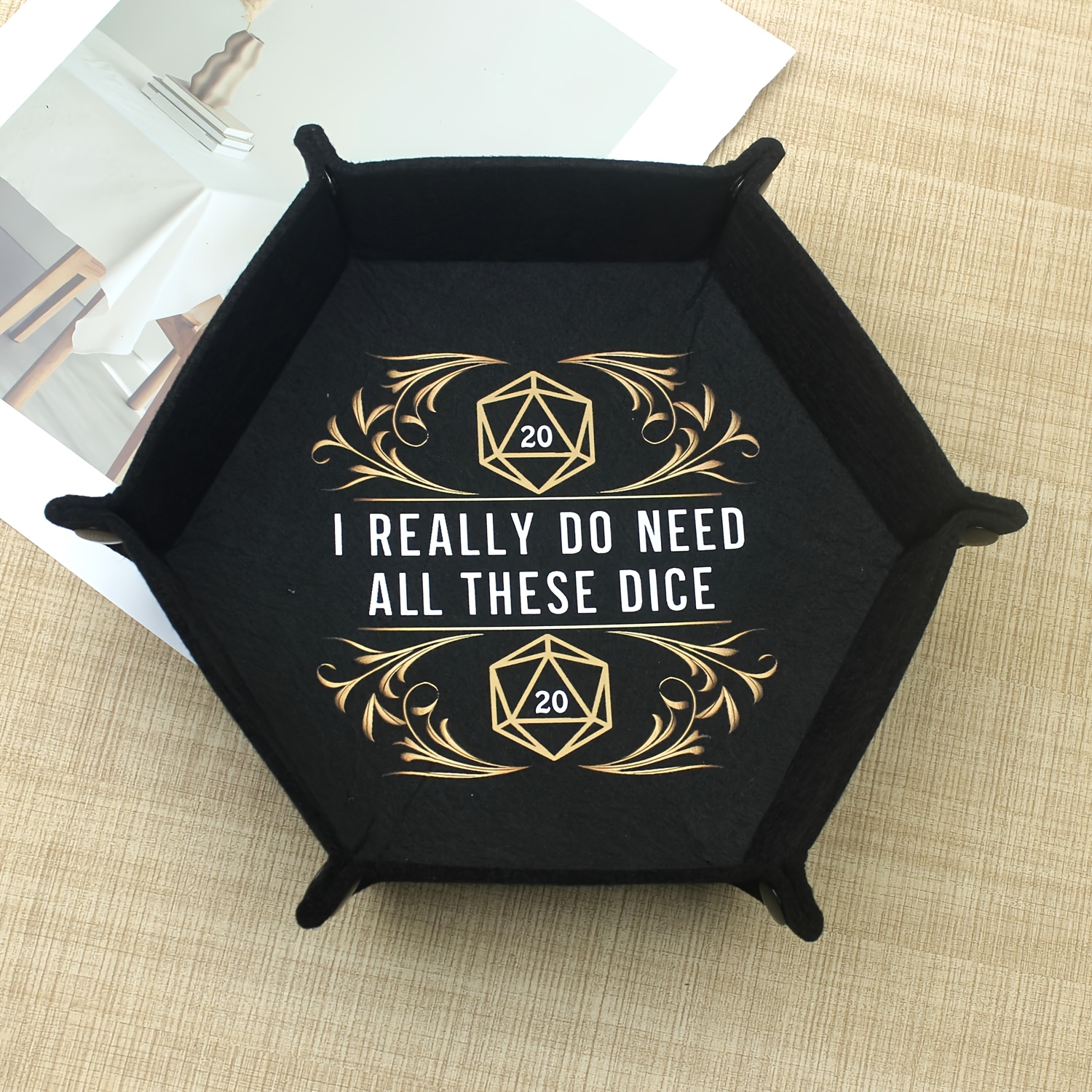 

Black Foldable Hexagonal Felt Dice Tray With Design - "i Really Do Need All Dice" Storage Organizer For Tabletop Gaming, Jewelry, Keys & Small Accessories, Dice Rolling Tray