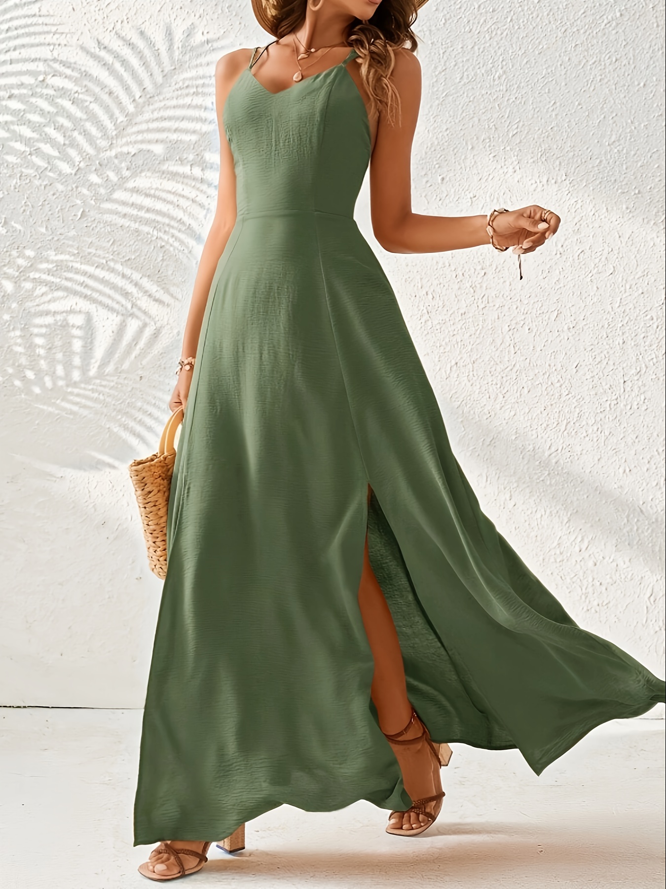 solid color high slit cross suspender dress ll169 women's - Temu