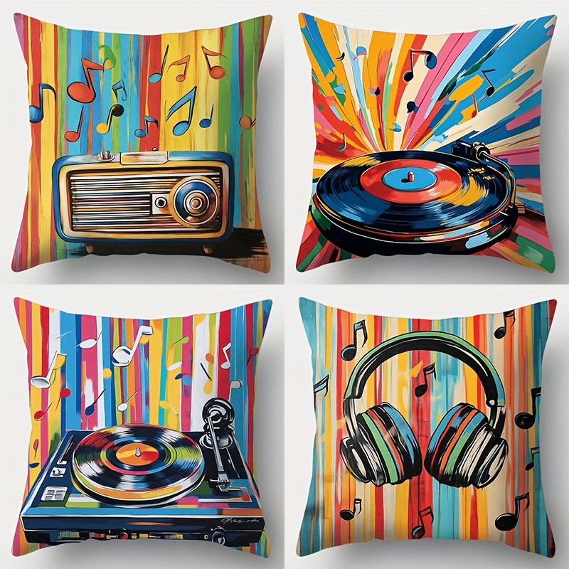 TEMU 4 housses d'oreiller sur le thème de la musique - Radio rétro, platine, casque et design de notes colorées, polyester, lavable en machine,