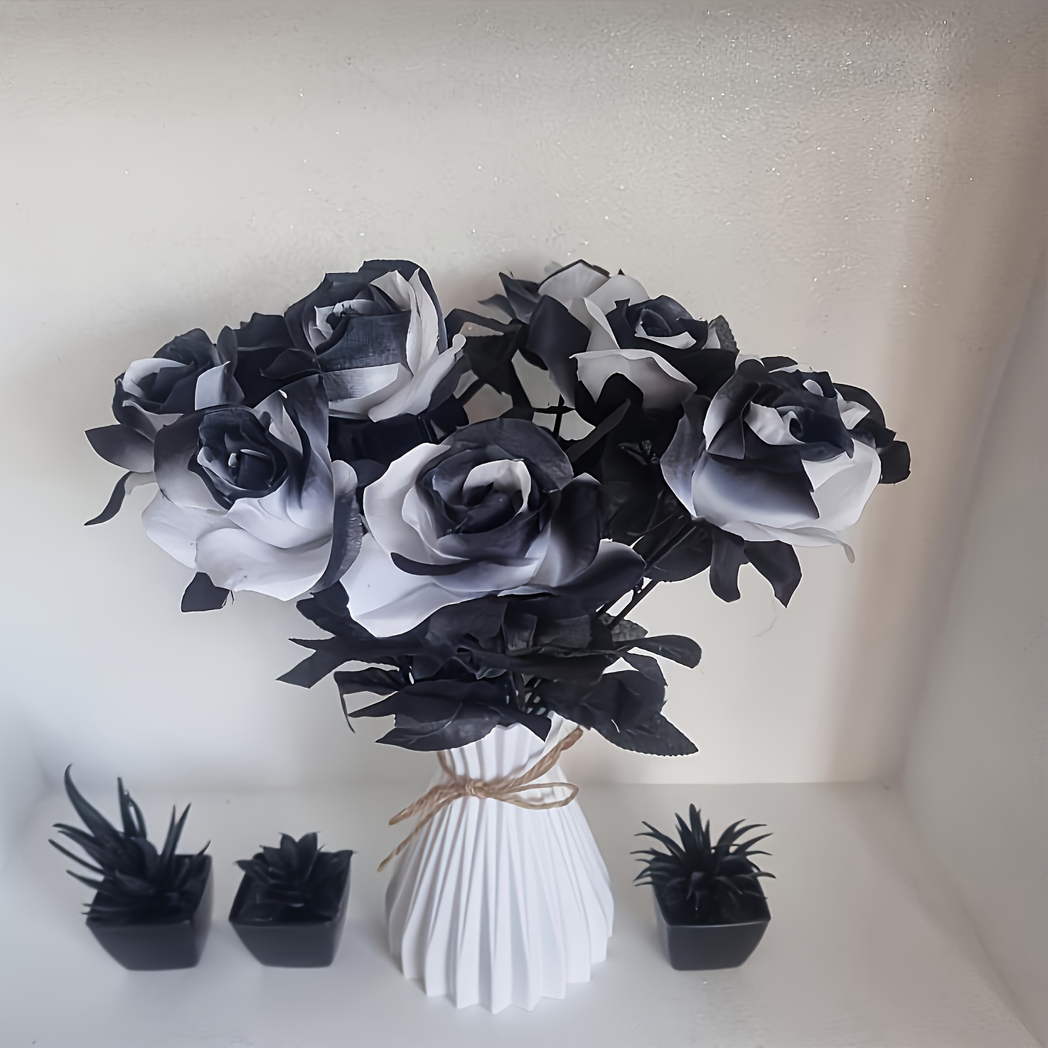 

Elegant 7pcs Set Of Black & White Silk Roses - Valentine's Day, Weddings, And Holiday Decor | Realistic Faux Flowers For Home, Garden, And Party Centerpieces, Christmas Decor