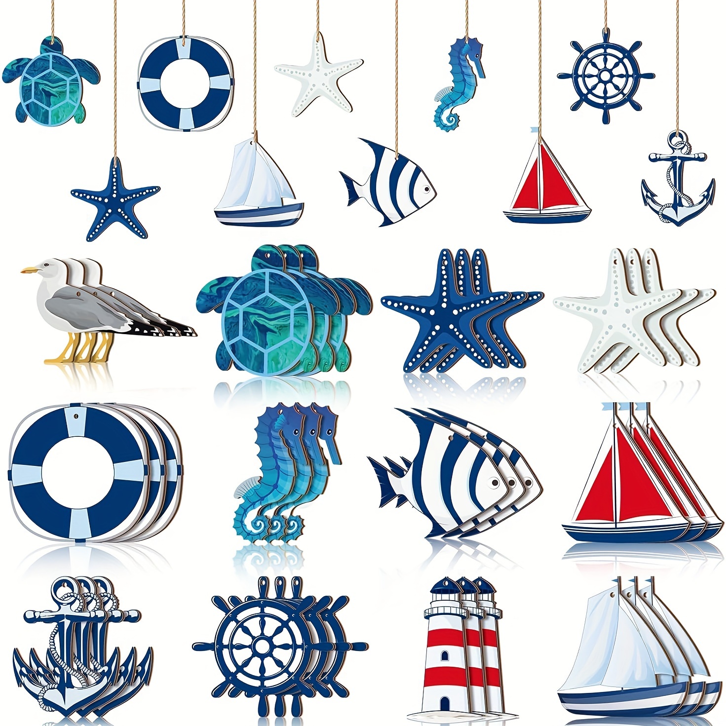 

12-piece Nautical Wooden Craft Ornament Set, Seasonal Decor For Christmas & Summer, Miniature Lifesaver, Starfish, Sailboat, Coastal Decor Hanging Accents, No Electricity Required, Without Feathers