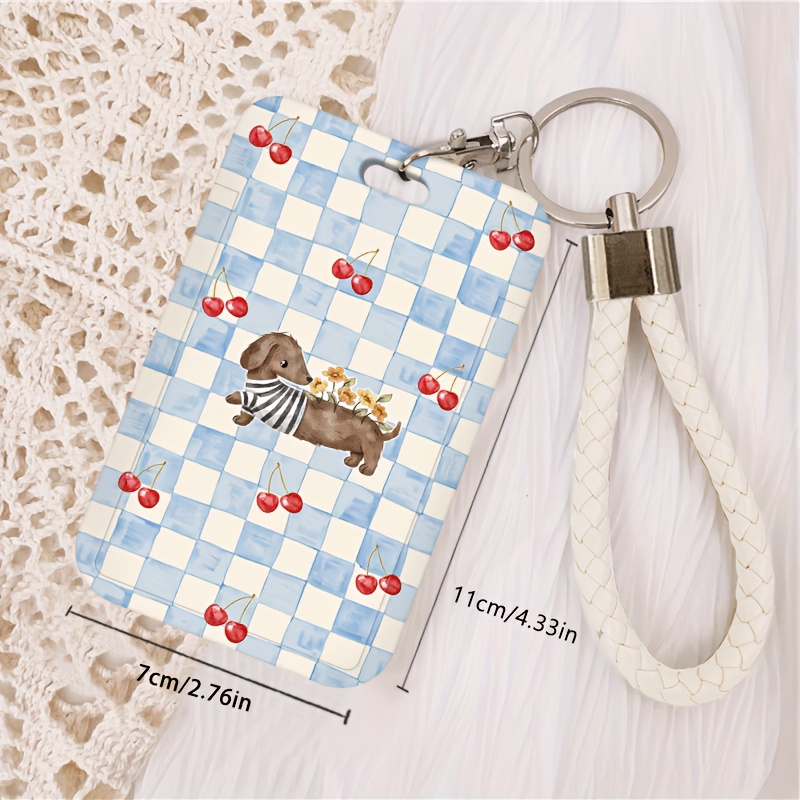 TEMU Cherry Dachshund Id Card Holder & Lanyard With Cute Dachshund & Cherry Pattern Id Badge Case - Durable Plastic- For Doctors, Nurses, Students,