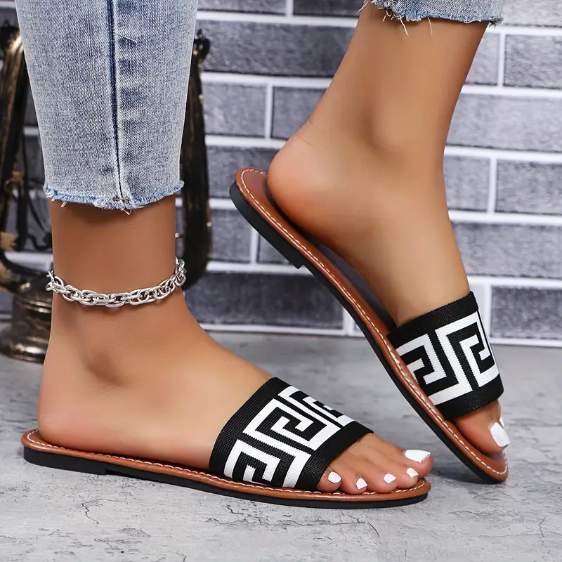 womens greek print sandals slip on lightweight flat slides casual beach slides details 2
