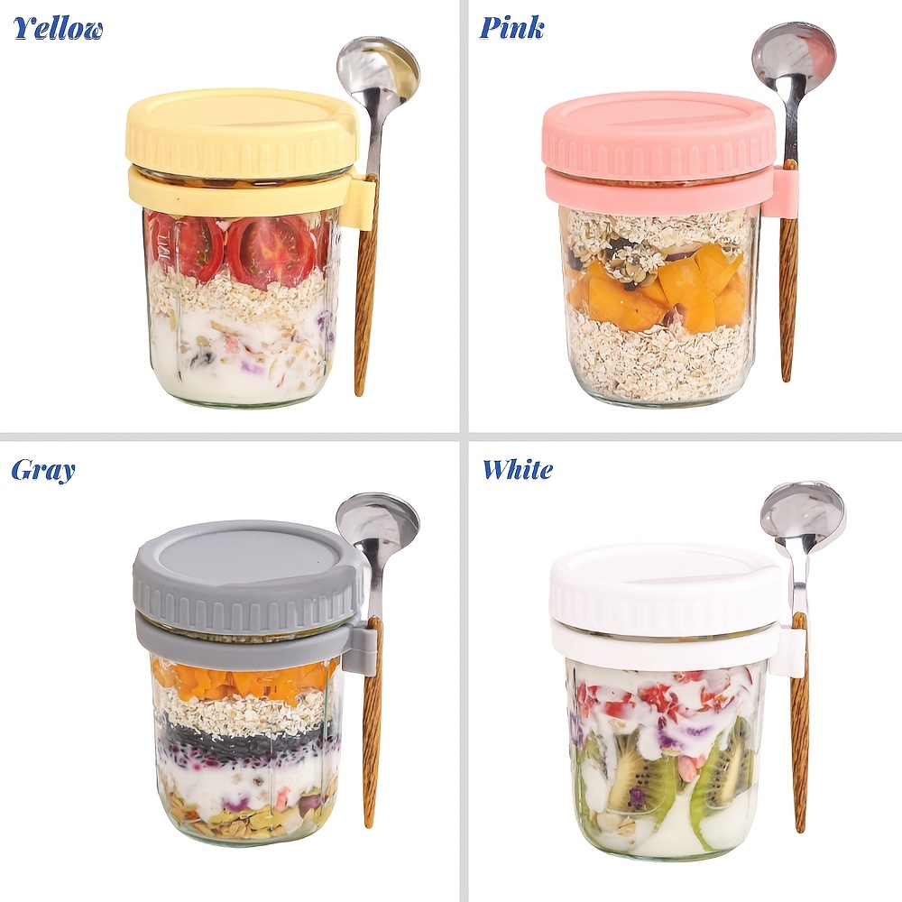 Image of 4pcs 11.83oz Glass Oatmeal Cup With Spoon, Breakfast Cup With Scale, Portable Breakfast Salad Jar, Yogurt Container, Storage Tank For Family Dining Or