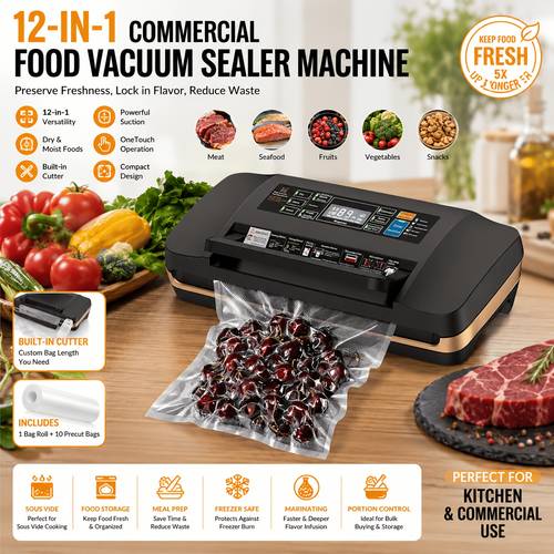 12 in 1 commercial food vacuum sealer machine 10 sealer bags and built in cutter compact food sealer vac pack machine for sous vide foods for food storage 1 bag rolls included powerful suction suitable for kitchen