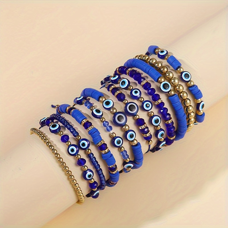 

12pcs Blue Evil Eye Charm Bracelet Set - , Soft Clay Beads, & Party Wear