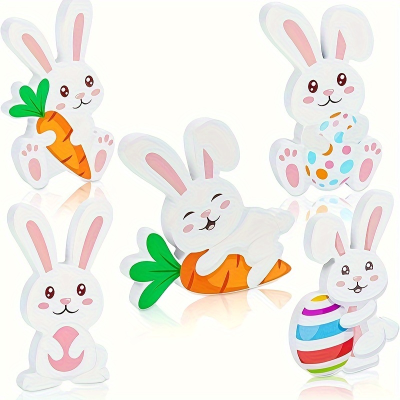 

5pcs Set Of Wooden Easter Bunny Decorations - Rabbit Shaped Tabletop Accents For Spring, Centerpieces, Parties, And Outdoor Events