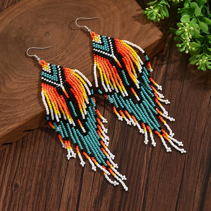 TEMU Boucles d'oreilles ethniques à longues franges tressées à avec perles multi-couches pour femmes. Tressées à , couleurs et peuvent varier
