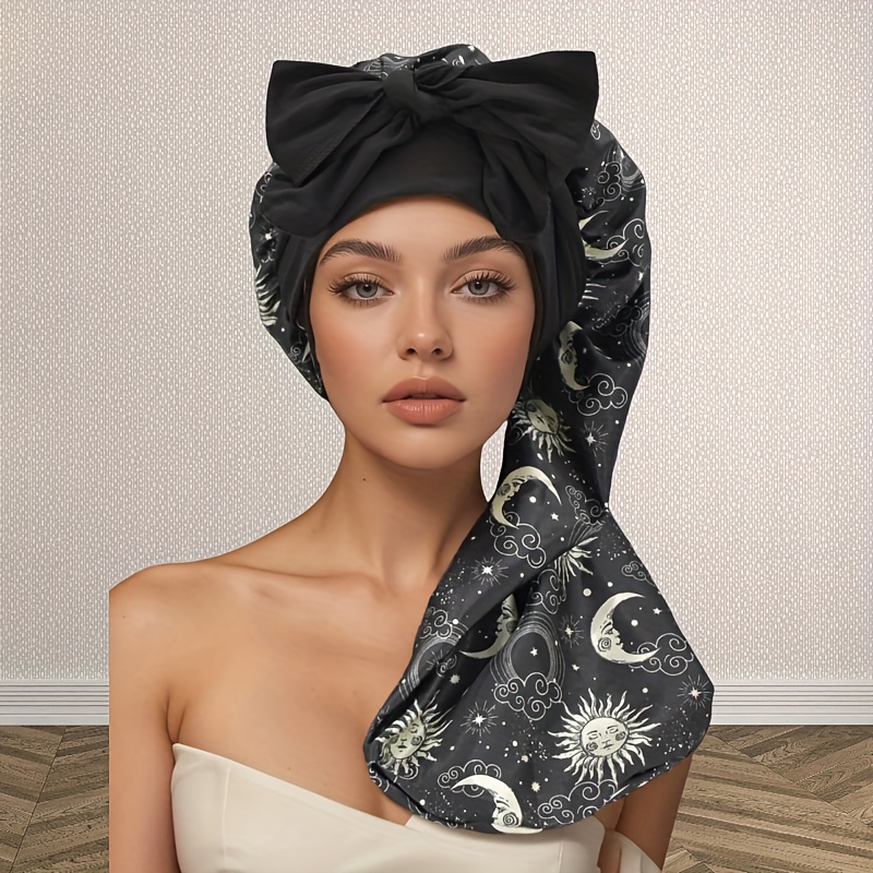 TEMU 1pc Long Bonnet Women'bonnet Strap Printed Smooth Satin Bonnet, Casual And Comfortable Sleeping Bonnet Turban( + Stars And + Leopard Print)
