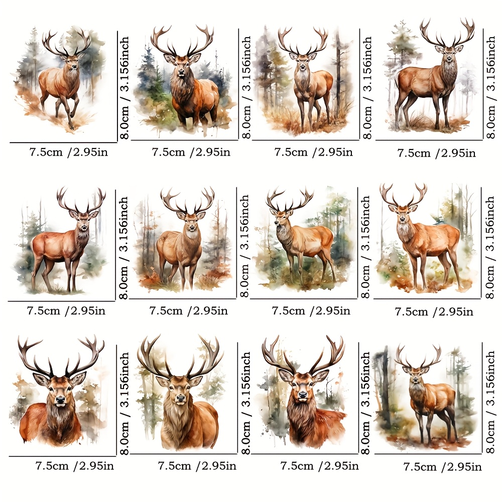 Image of Set Of 12 Waterproof Self-adhesive Featuring Red Deer In A Forest, Perfect For Decorating Mugs, Cups, Bottles, Journals, And More