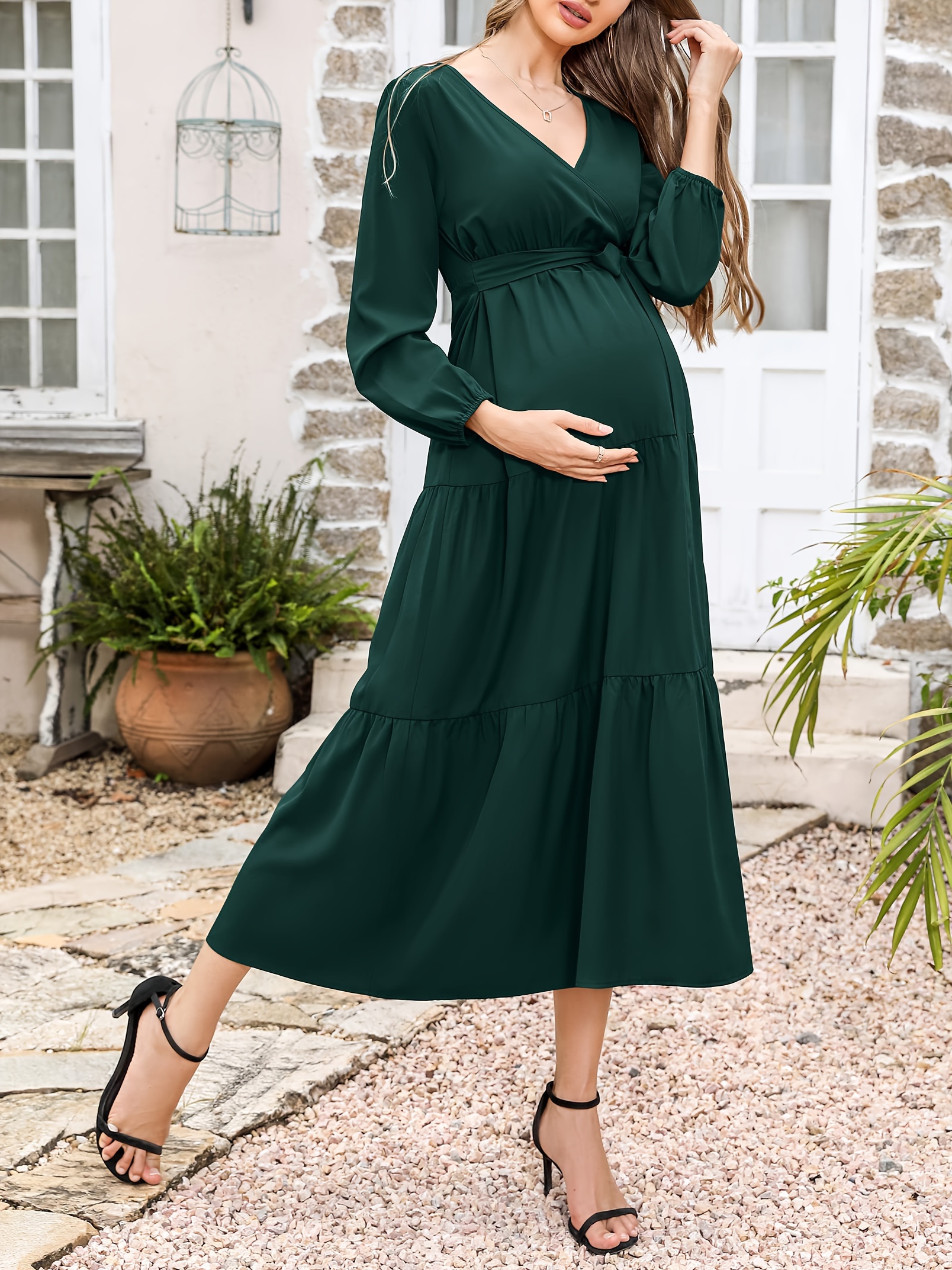 maternity dress womens v neck long sleeve pleated maternity - Temu