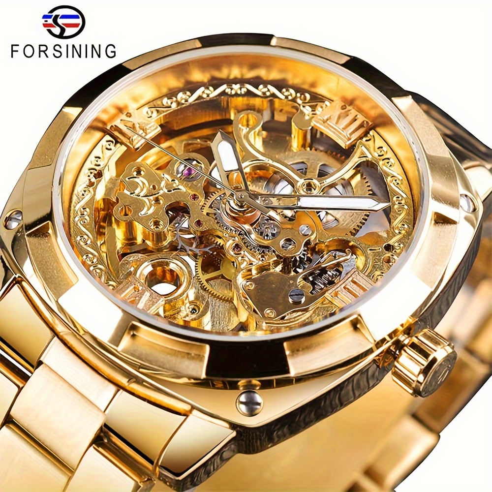 

Forsining Fashion Transparent Retro Men's Automatic Mechanical Watch Top Brand Luxury Full Golden Luminous Hands Hollow Movement Skeleton Wristwatches Gifts For Man