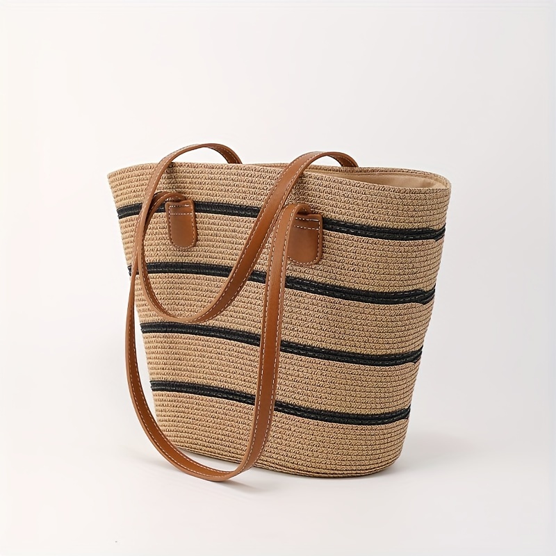 Image of Woven Straw Tote Bag, Large Capacity Shoulder Bag Portable Fashion Handbag, Zipper Woven Beach Bag