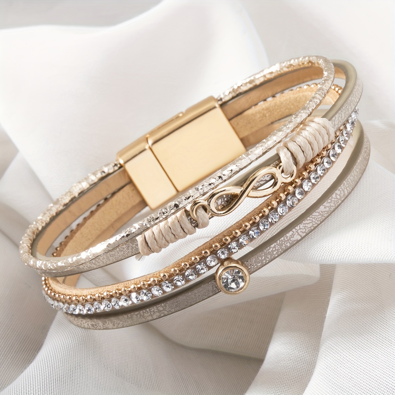 Image of 1pc 8-letter Rhinestone Faux Leather Women's Magnetic Bracelet Elegant Style Suitable For Daily And Seasonal Vacation Wear Jewelry