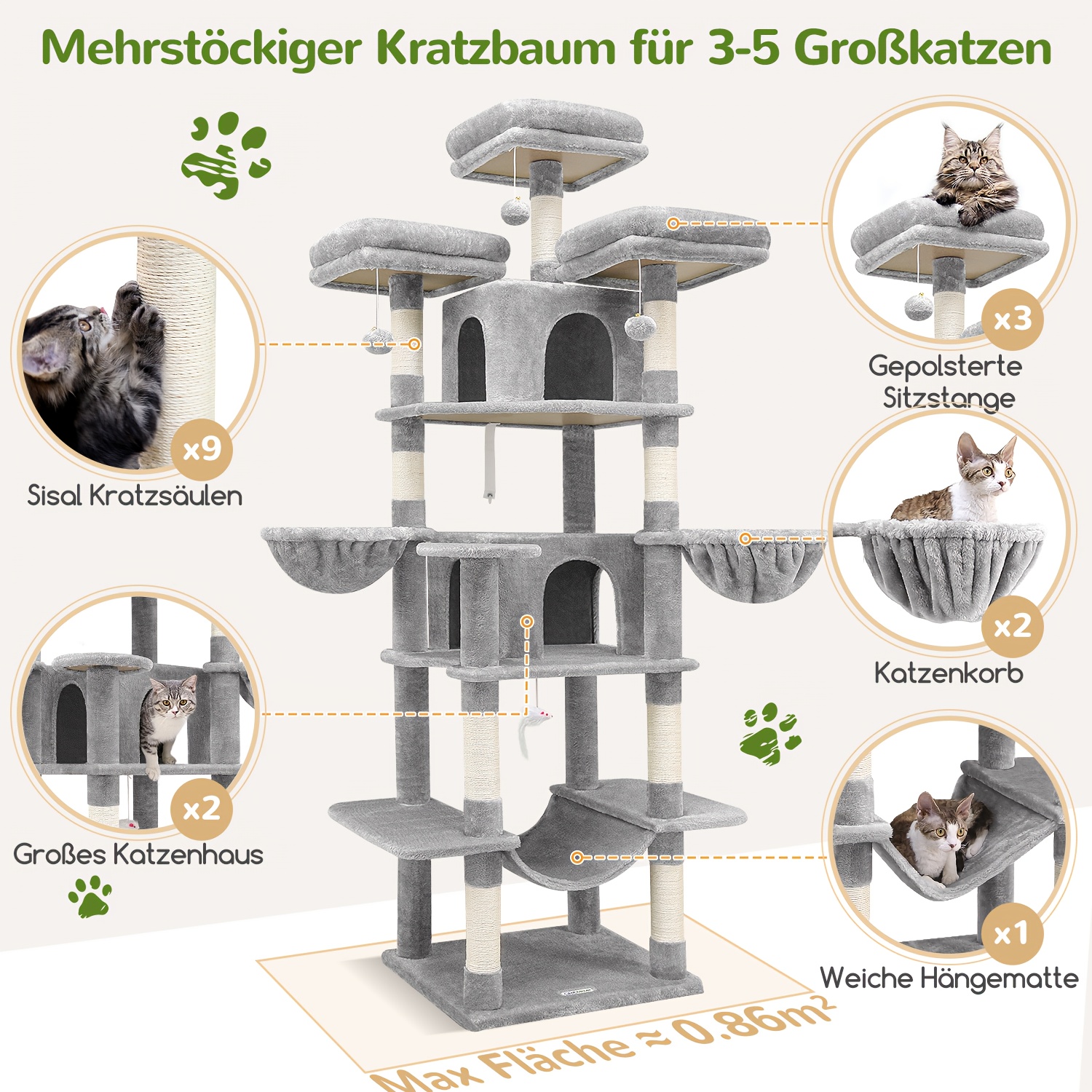 CT81F 80-inch Big Cat Tower For Indoor Cats,   Multiple Adult Cats. XXL Cat Tree Features Scratching Posts, Hammock, 3 Perches, 2 Condos, And 2 Hanging Baskets. Ideal For Climbing, Scratching, And Lounging