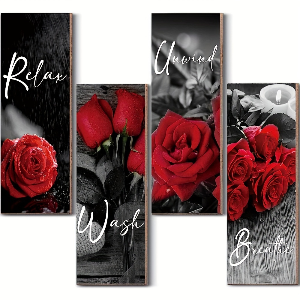 

4pcs Wooden Signs, Rose Bathroom Wood Flower Bathroom Wall Decor, Rustic Romantic Floral Bathroom Wall Decor, Modern Living Room Home Decor