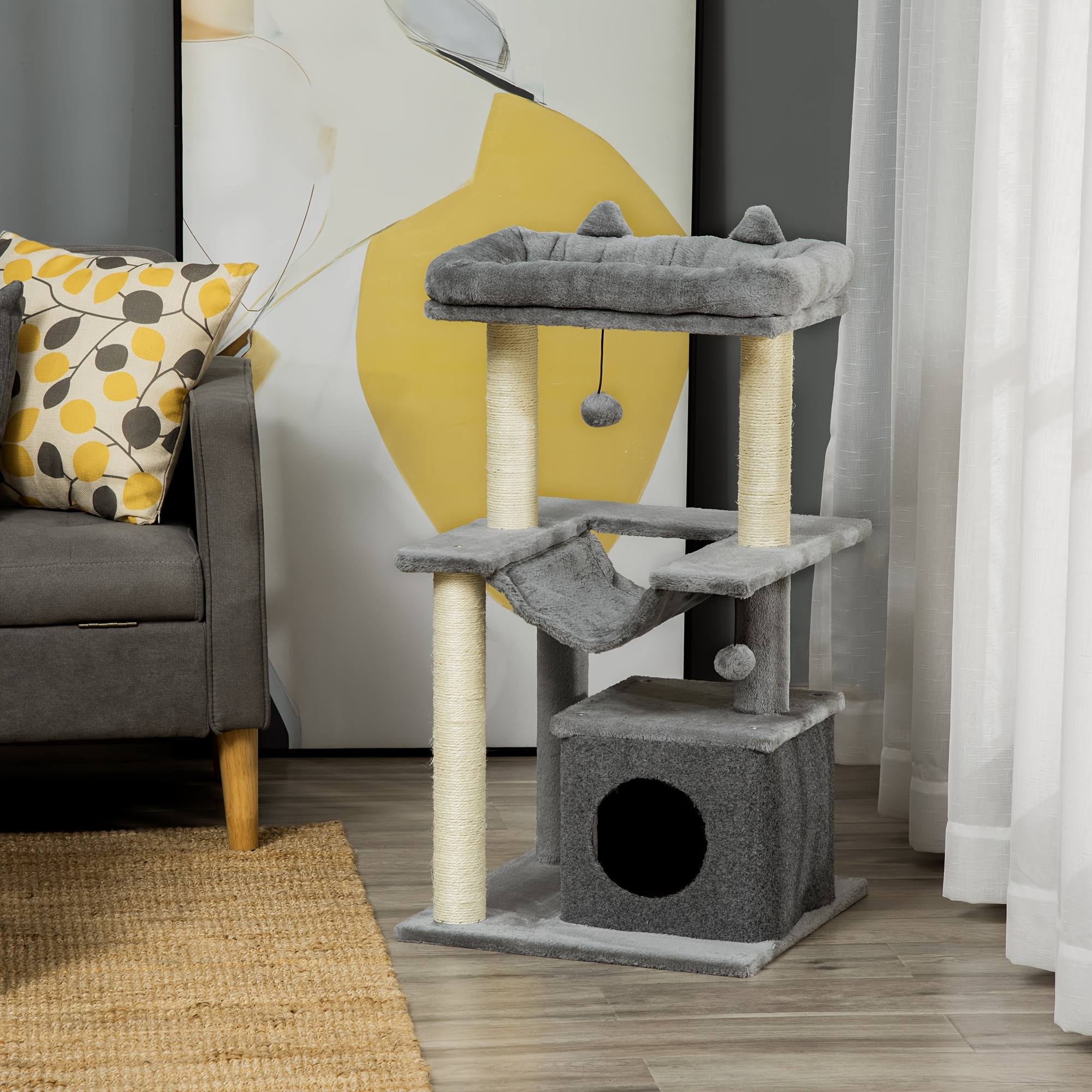 TEMU Pawhut Arbre à Chat Tour Maison Multi-Niveaux Chaton avec Griffoir Condo Hamac Lit Ballon Jouet - 19 X 19 X 35.5 Pouces, Gris