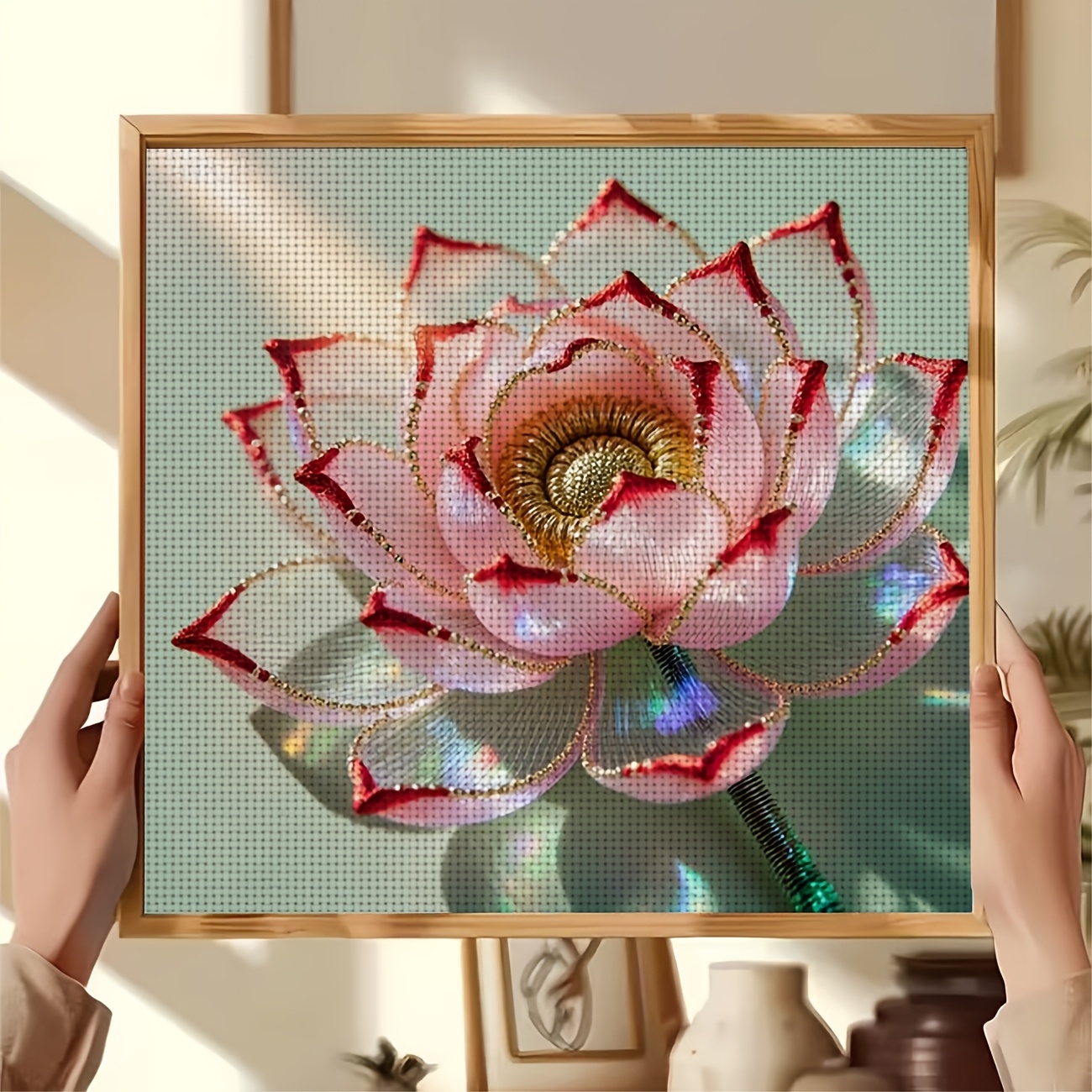 Cross Stitch Kit, Pink Lotus with Red Edges, Ideal for Beginners