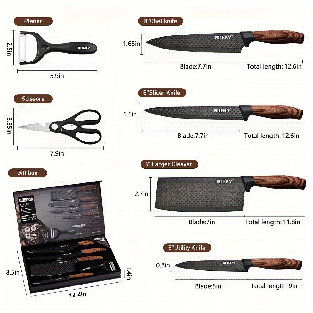 Ensemble de 6 couteaux de cuisine, chef professionnel, couperet, trancheur, couteau utilitaire, éplucheur et ciseaux en acier inoxydable à haute teneur en carbone, ultra-aiguisés avec manche ergonomique en bois antiadhésif, ensemble de couteaux de cuisine pour la maison, les voyages, les légumes, la viande, les fruits avec coffret cadeau