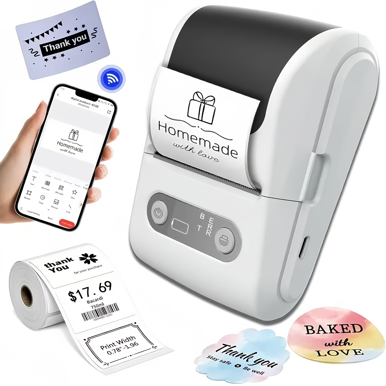 Portabel etiketprinter med termisk printer & smart app-kompatibel smartphone-printning - til hjemmet, kontoret, klasseværelset, DIY-klistermærker, kompatibel med smartphones (uden blæk)