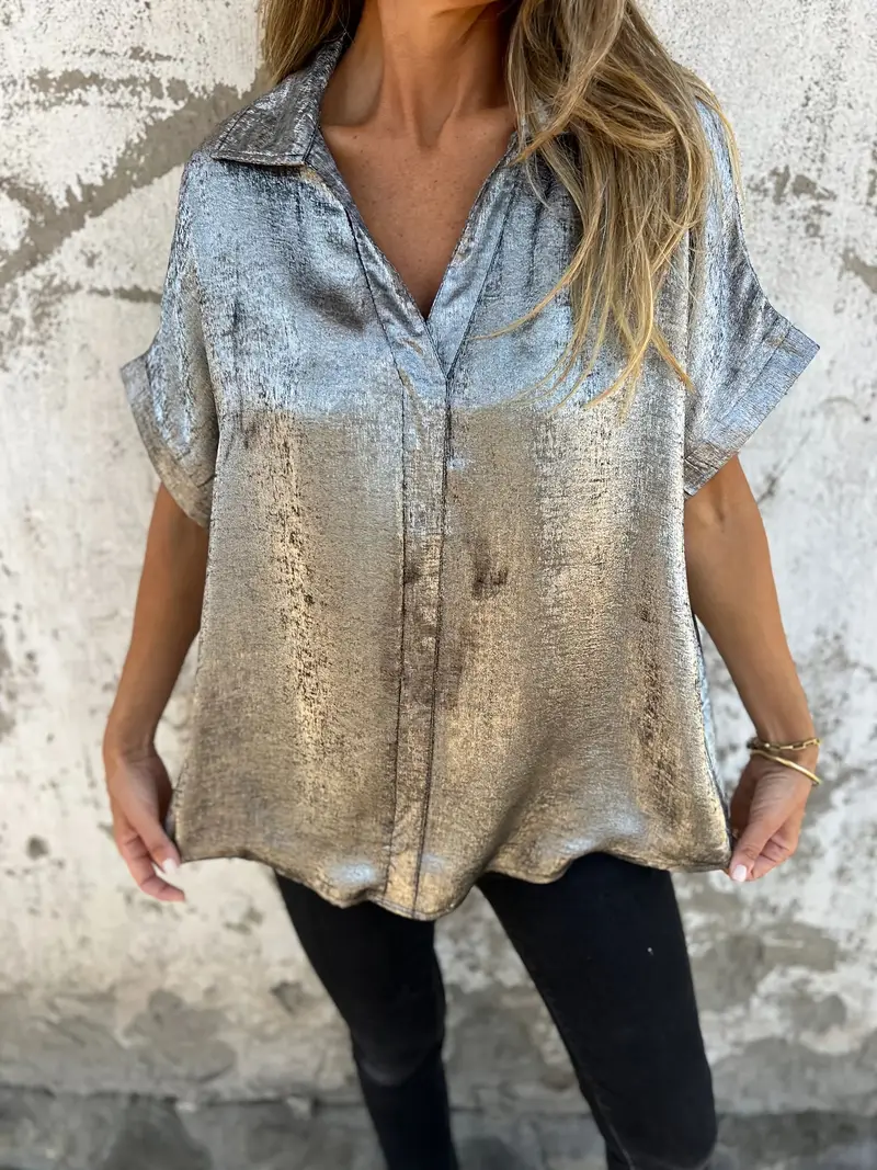 womens casual short sleeve blouse golden metallic neck with contrast collar polyester spring summer casual attire blouse woven texture 1