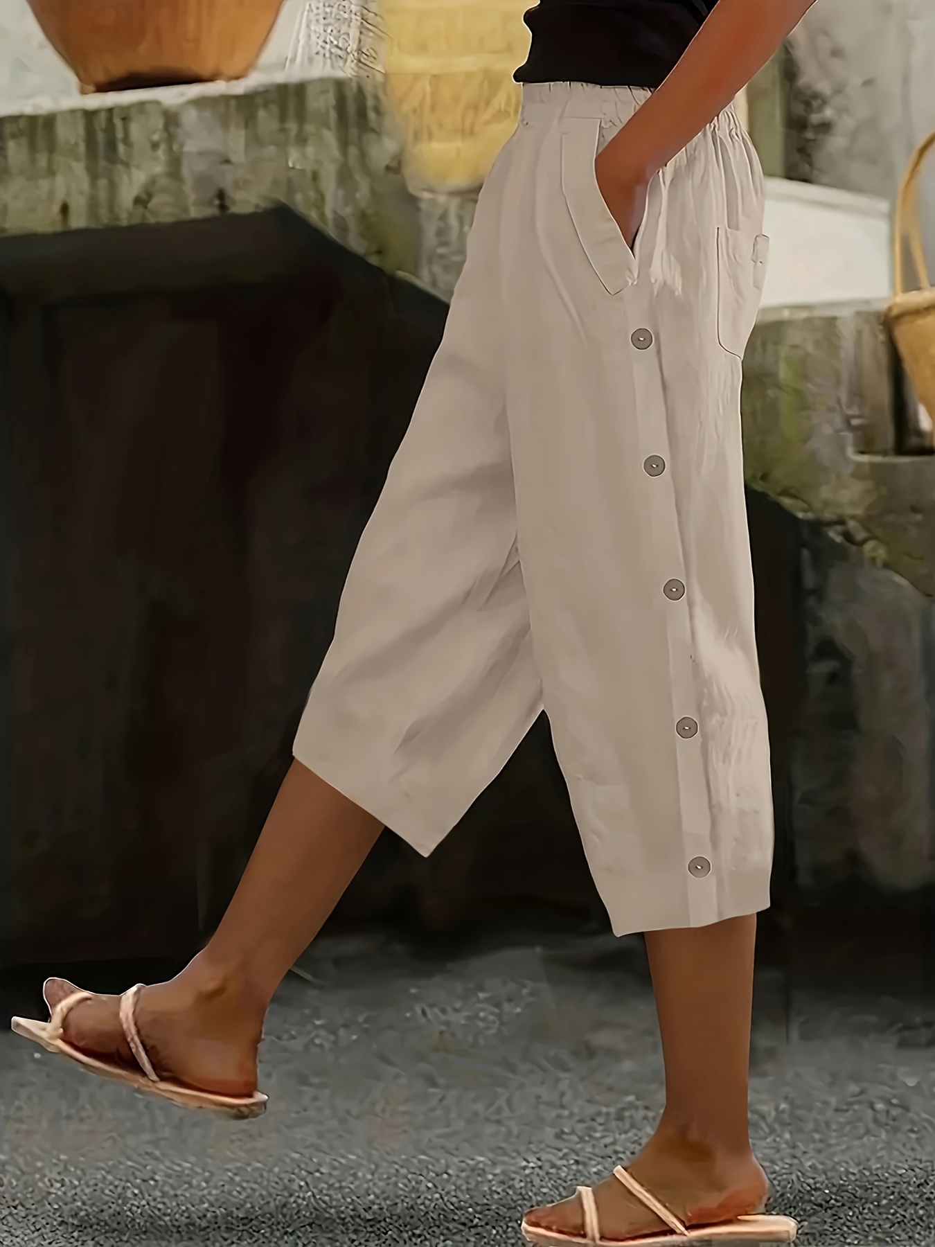 womens plus size casual button decorated elastic waist 3 4 length pants non   washable trousers with pockets solid color     for casual attire relaxed fit elegant style  able fabric stylish   versatile wardrobe