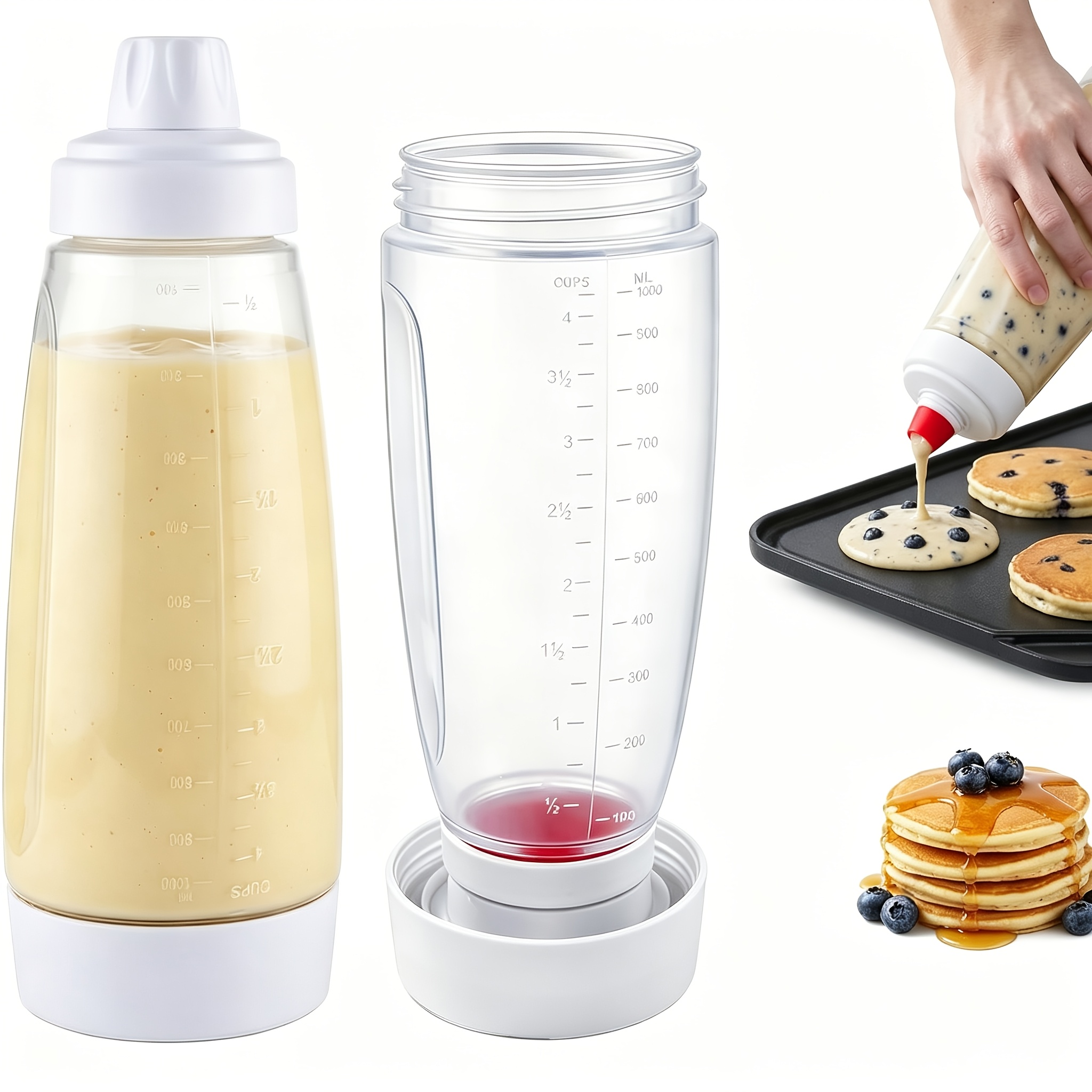 TEMU 2pcs 1000ml/33.8oz Pancake Sauce Dispensers And Mixers, Manual Shaking Bottles. Suitable For Cupcakes, , Cakes, And Baking