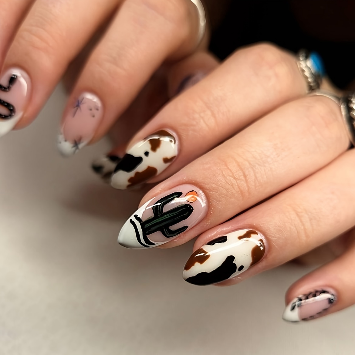 TEMU Women'-on Nails Black White Almond Style Nail Length With Polka Dot Cactus, Snake And Sun, Tree Branch Patterns. Glossy Suitable For Women And