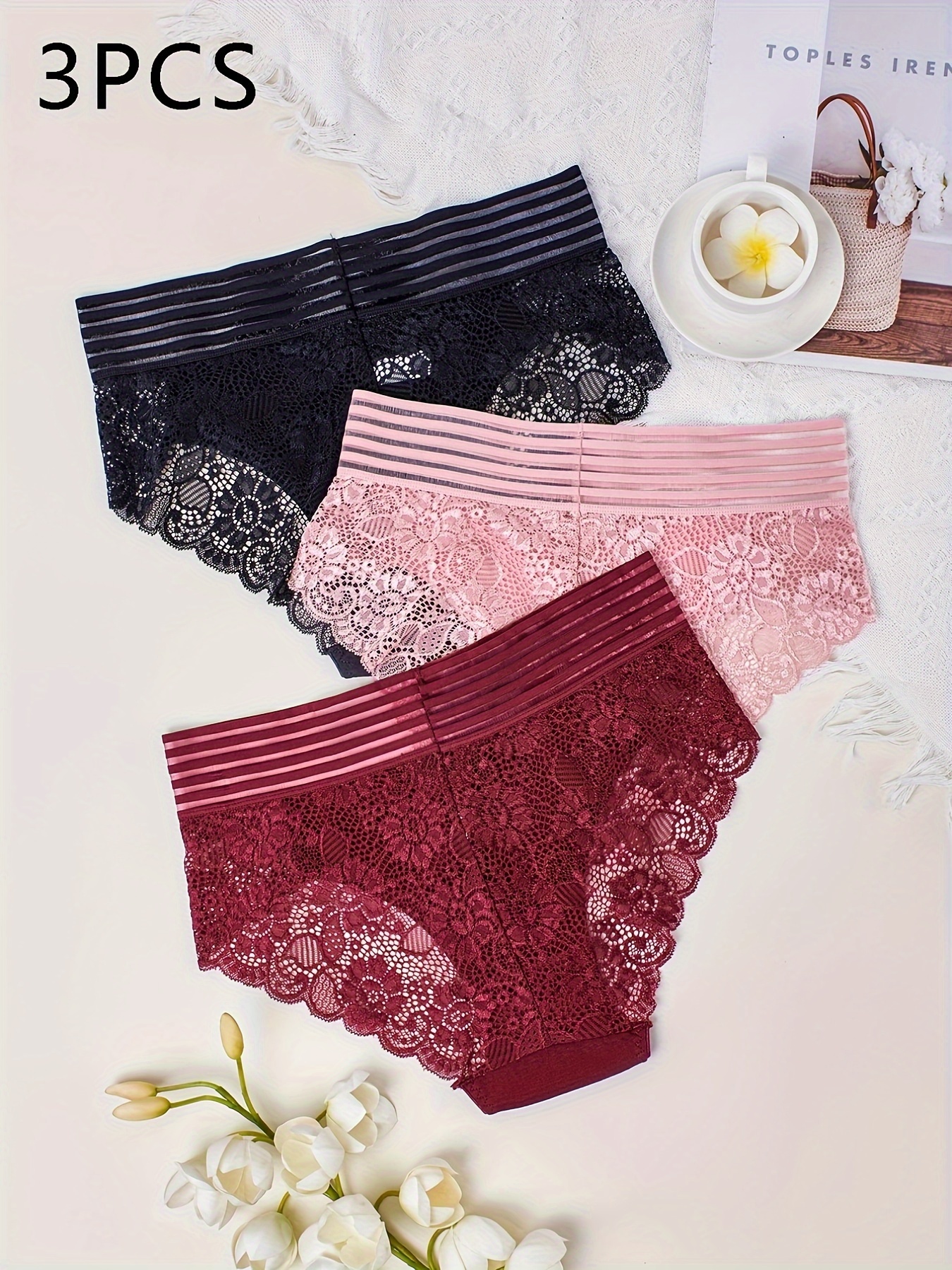 NEW) 3pcs 3pk H&M cotton lace panties, Women's Fashion, New