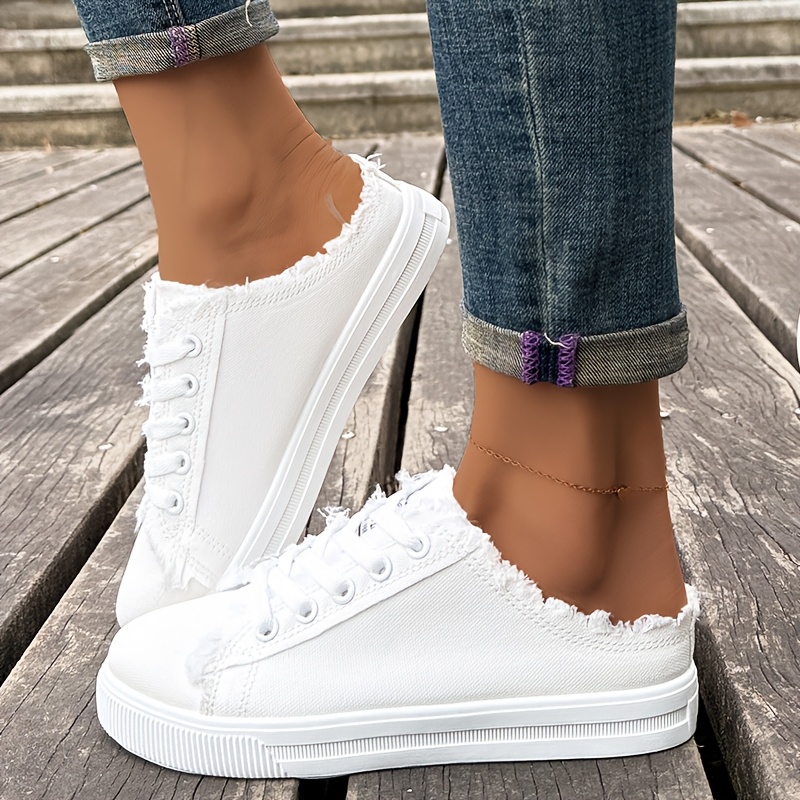 TEMU Frayed Flat Shoes Worn Tie Breathable Retro Casual Half Street Trend, Women Shoes, Sneakers