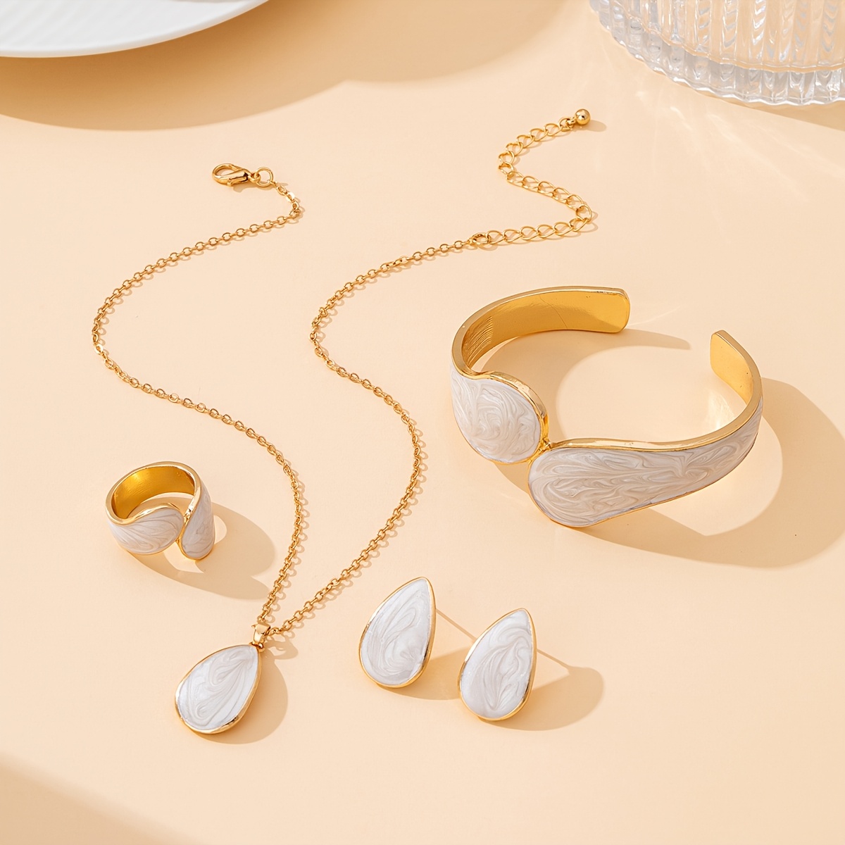 TEMU 5pcs Piece Set, Ladies' Jewelry Set, Elegant And Stylish Design, Summer Classic Retro Creative Handmade Oil White Wine Red Droplet Shaped