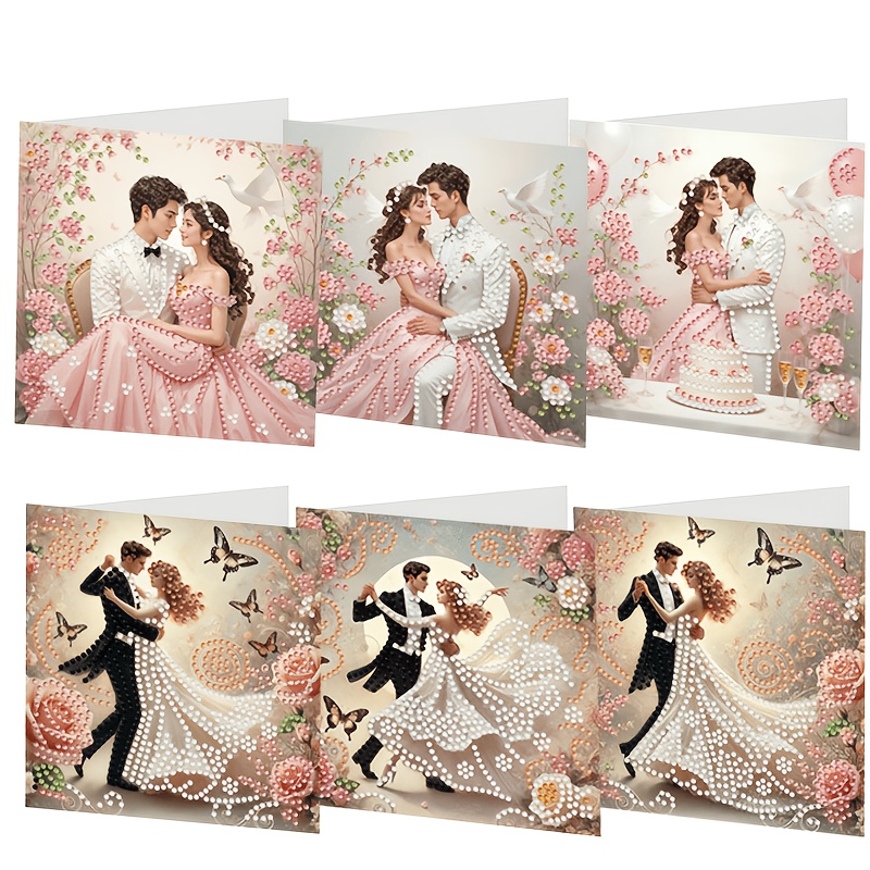 TEMU 6pcs Wedding Rhinestone Greeting Card & Envelope Set - Diy Mosaic Diamond Painting Postcards Suitable For , Handmade Craft With 6 Matching