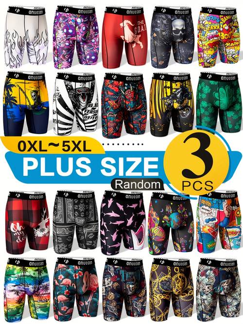 3pcs plus size print boxer briefs for men running work out polyester knit fabric 3xl 4xl 5xl