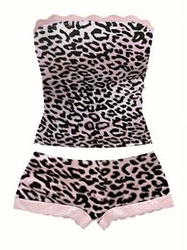 womens strapless top womens lace trimmed strapless top womens casual pants set cute womens pants set fashionable womens outfit leopard print womens ensemble