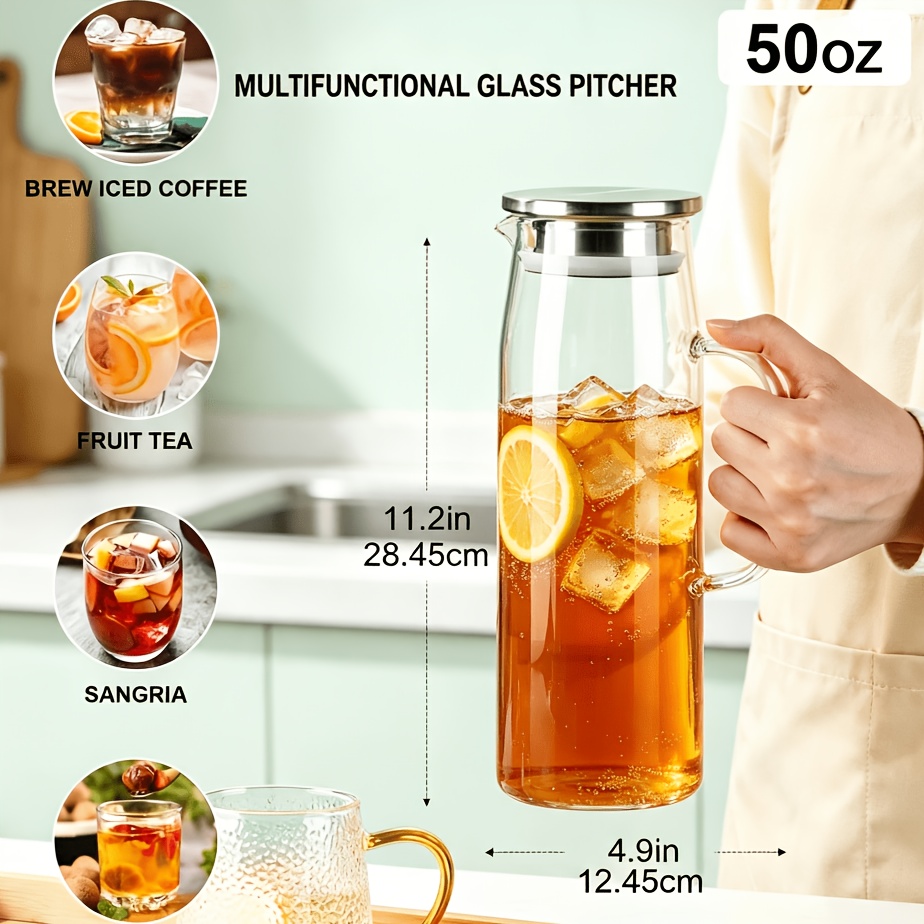 TEMU Glass Pitcher With Lid And Spout 50oz/ 1.5l, Hot/cold Water Pitcher, Iced Tea Pitcher For Fridge Shelf, Easy To Clean, High Borosilicate Glass Pitcher For Lemonade, Juice And Milk