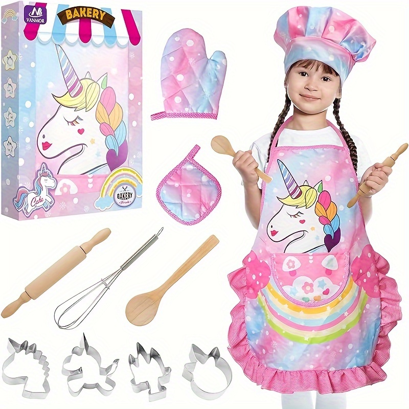 TEMU Kids Cooking And Baking Sets, 11pcs Kids Aprons For Girls, Kids Chef Hat And Pink Apron, Mitt & Utensil For Kids Dress Up Chef Costume Birthday