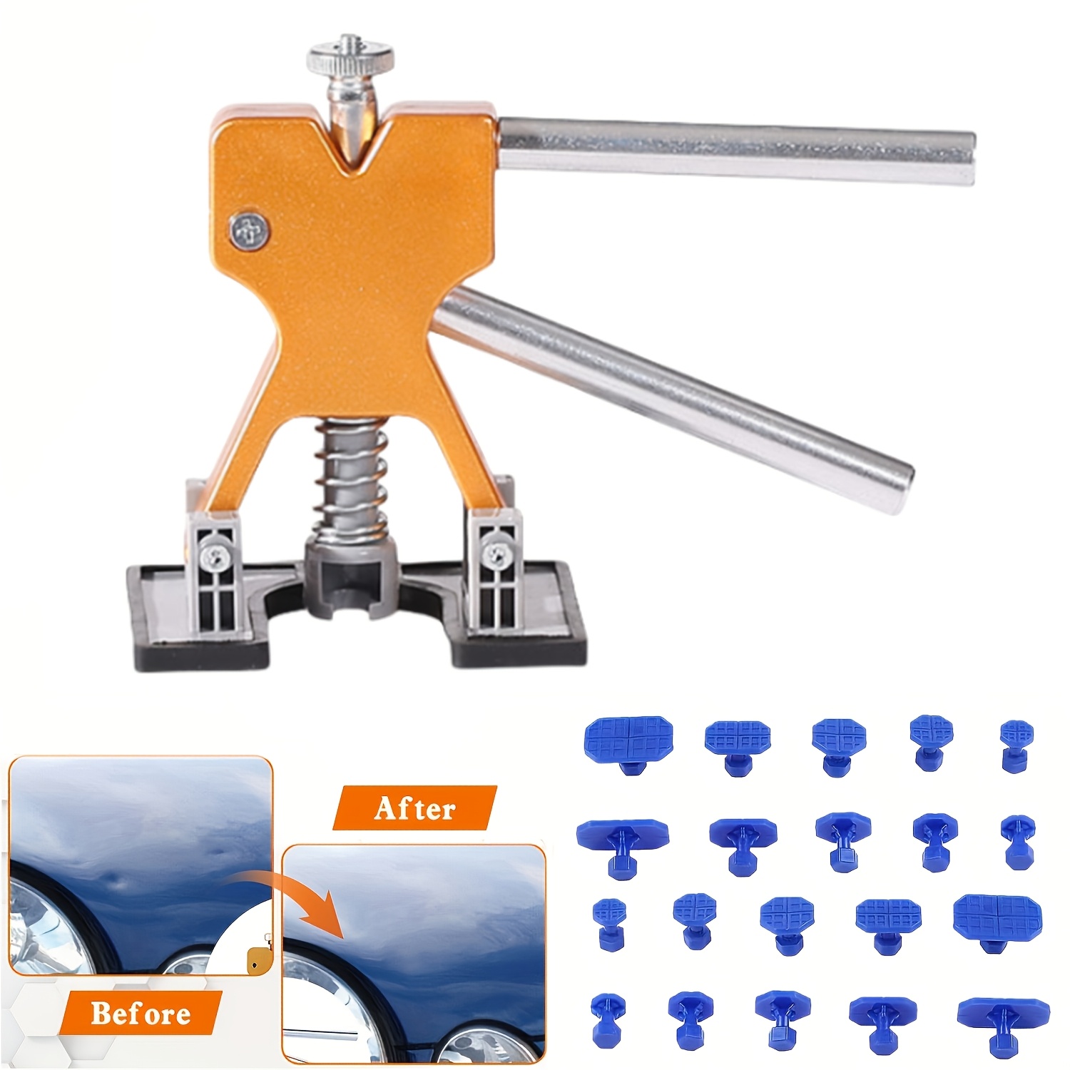 paintless dent repair kit   a dent repair tool set and a golden tool lifter   with 20 dent pull tabs suitable for repairing car body dents caused by hail and other   issues Product details 0