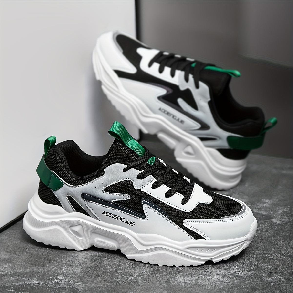 Zapatillas Casuales de Suela Gruesa para Hombre con Diseño de Letras - Parte Superior Ligera y Transpirable de PU/Tela, Suela Acolchada EVA, Detalles a Rayas & Punta Redonda para Correr al Aire Libre, Senderismo, Uso Diario, Calzado Casual, Cómodo