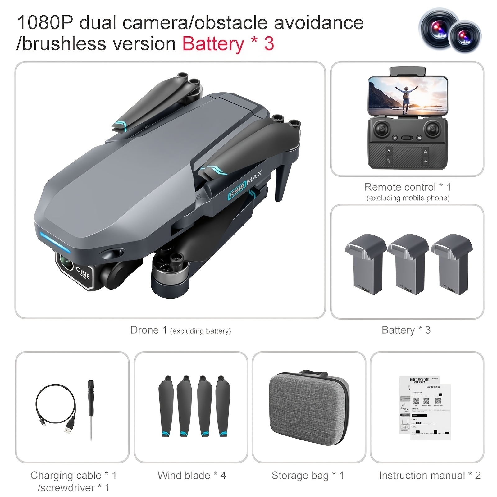 Image of K618 Max Foldable Dual Camera Drone, 15/30/45 Long Flight Time, Intelligent Obstacle Avoidance, Brushless Motor, Landing, Great For Beginners Travelers & Gifts
