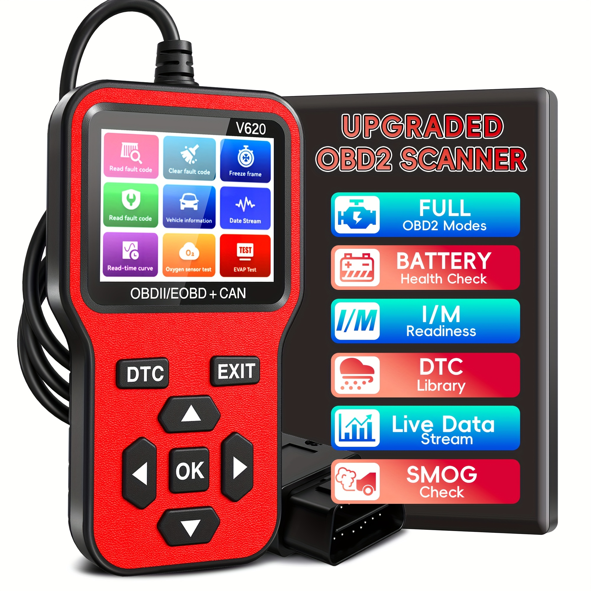 TEMU Scanner With Upgrade Battery Tester - Diagnostic Tool For Car Check Engine Light & Emissions & I/m Readiness And Vehicle Error Codes For All Obd