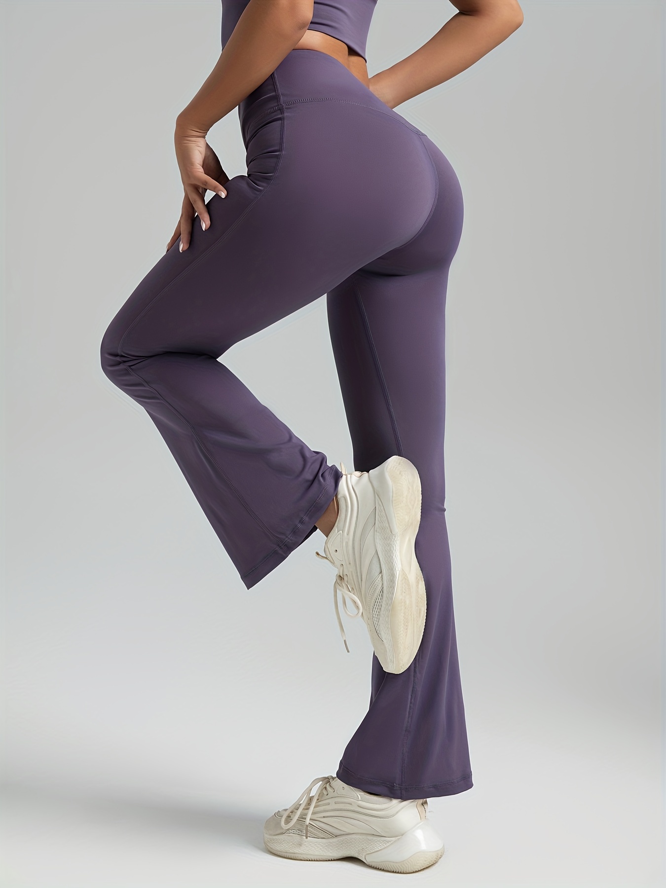 SSAAVKUY Womens Yoga Pants Summer Casual Slim High Elastic Waist Full  Length Long Pants Solid Color Active Sports Yoga Flare Pants Female Fashion  Bottoms Purple 12 