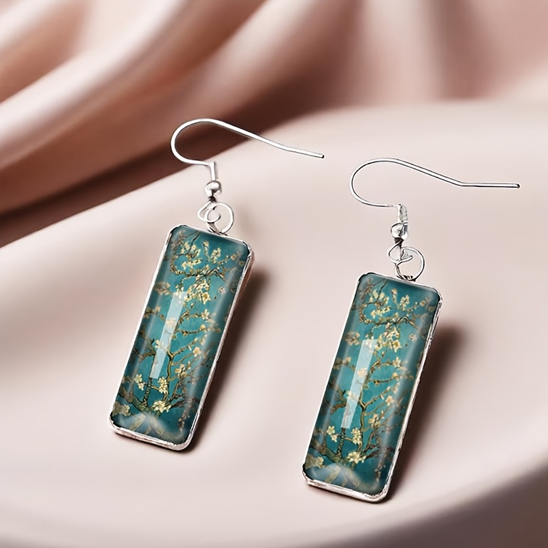 TEMU Boucles d'oreilles pendantes à crochet rectangulaires style peinture à l'huile vintage fleur d'abricotier , bijoux en verre, cadeaux de bijoux
