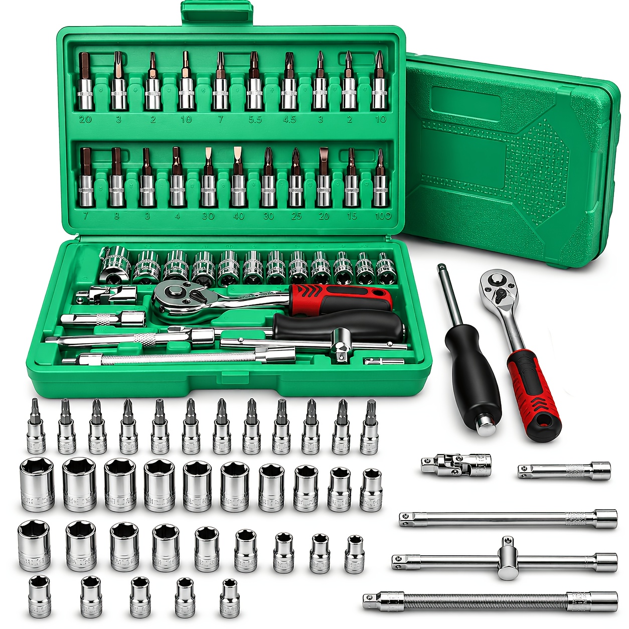 Image of 46pcs Automotive Tool Set, 1/4" Drive Ratchet Wrench And Socket Set With Standard And Deep Sockets, Professional Car And Motorcycle Repair Tool Kit For Mechanics, Garage, And