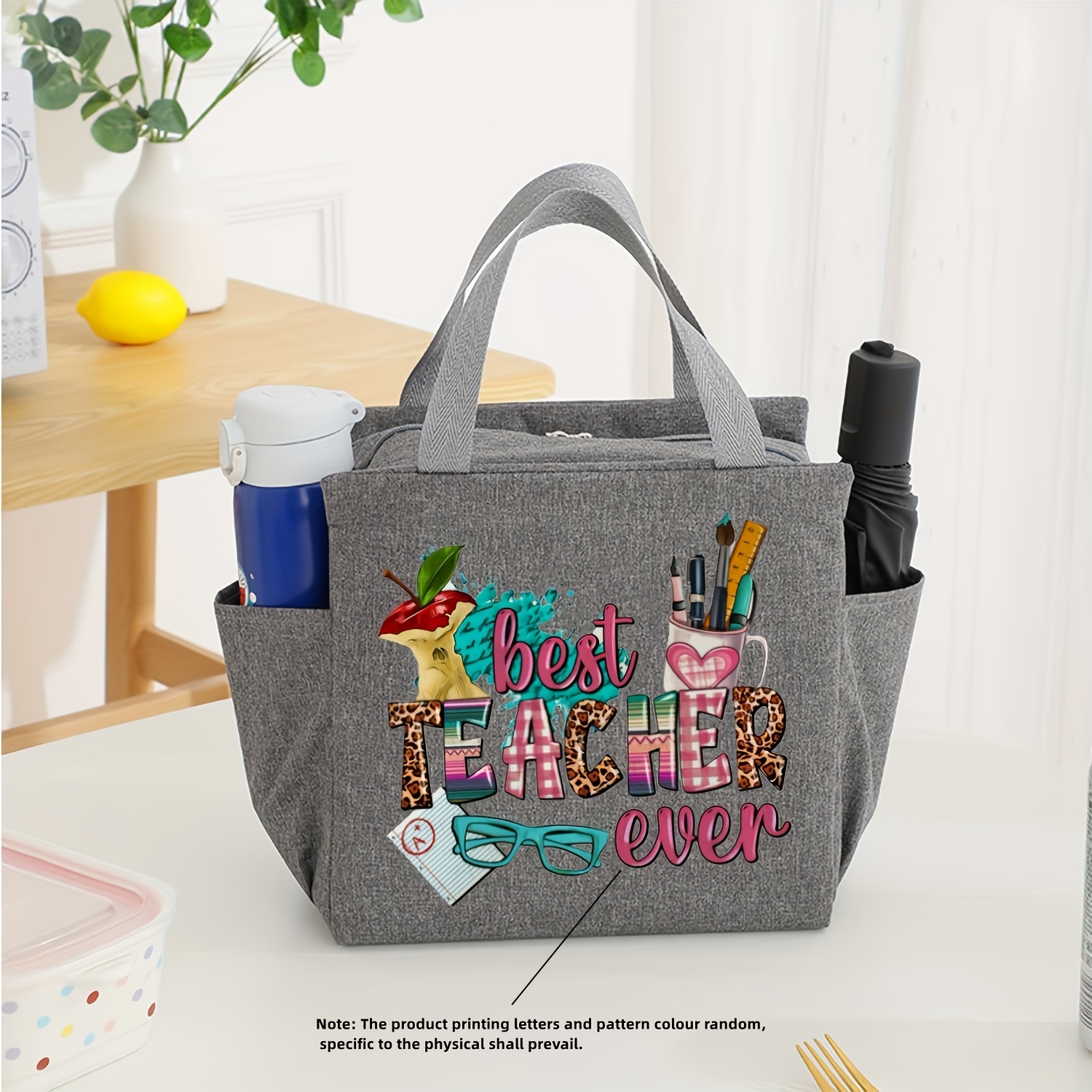 

Teacher Print Large Capacity Portable Insulated Box Bag, Insulated Zipper Tote Bag For Work Or Travel