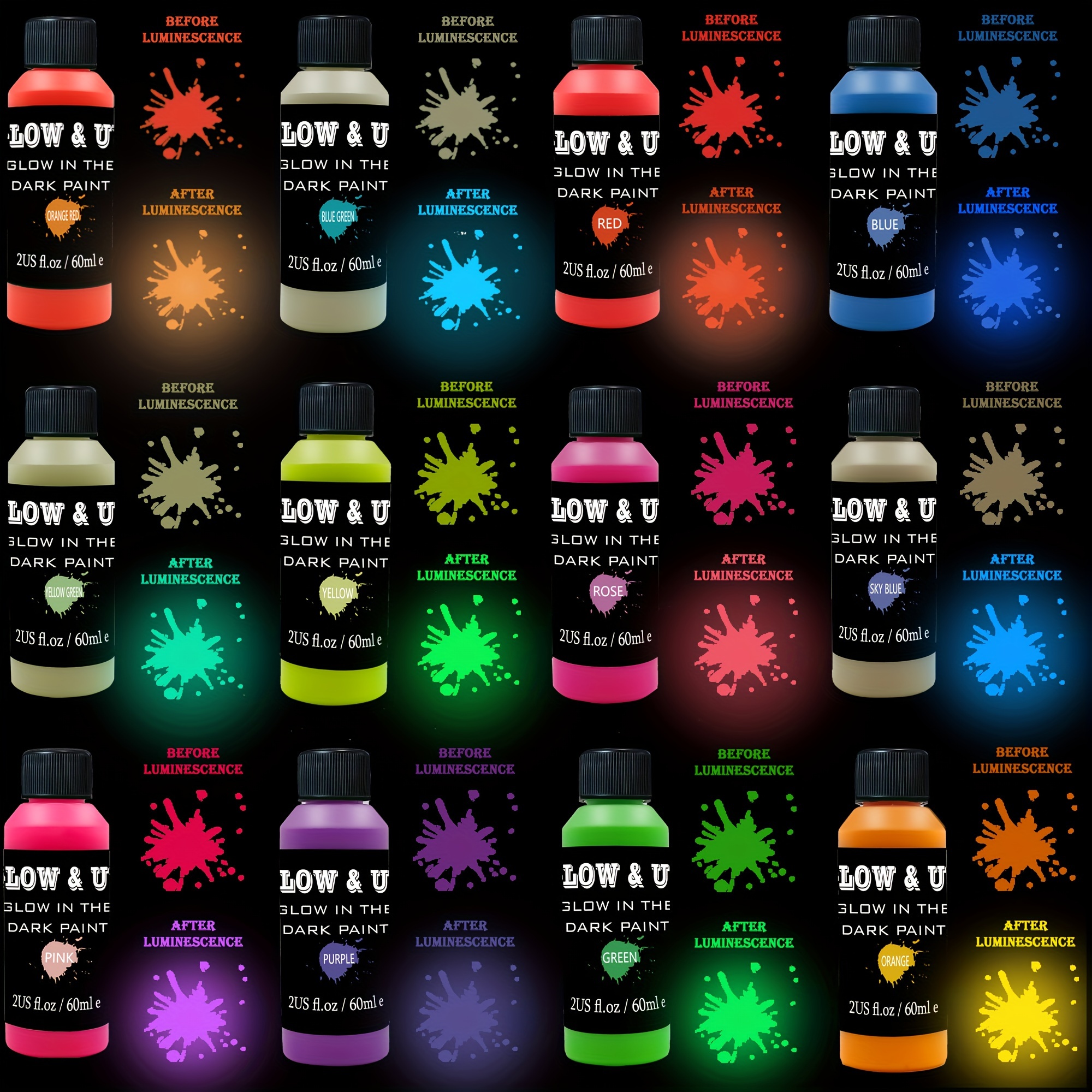 glow in the dark acrylic paint set 12 vibrant colors 60ml 2oz blacklight reactive neon craft paints for diy projects halloween easter christmas decorations details 2