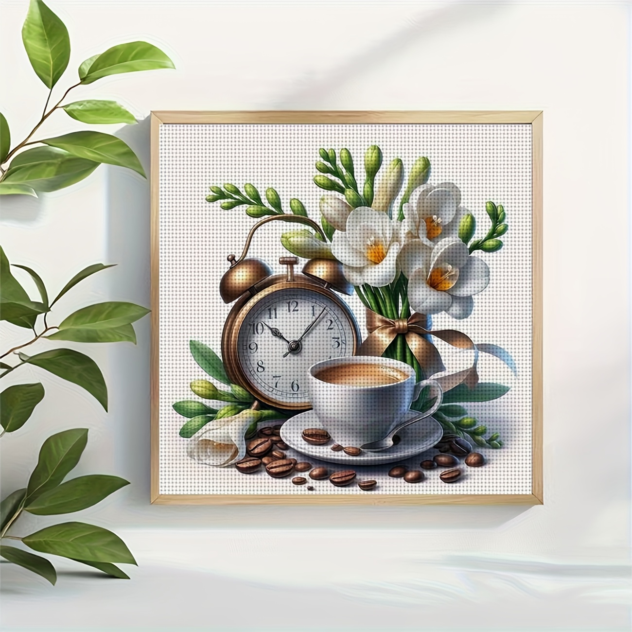 Cross-Stitch Printing Kit Without a Frame, Coffee Flower Clock Design